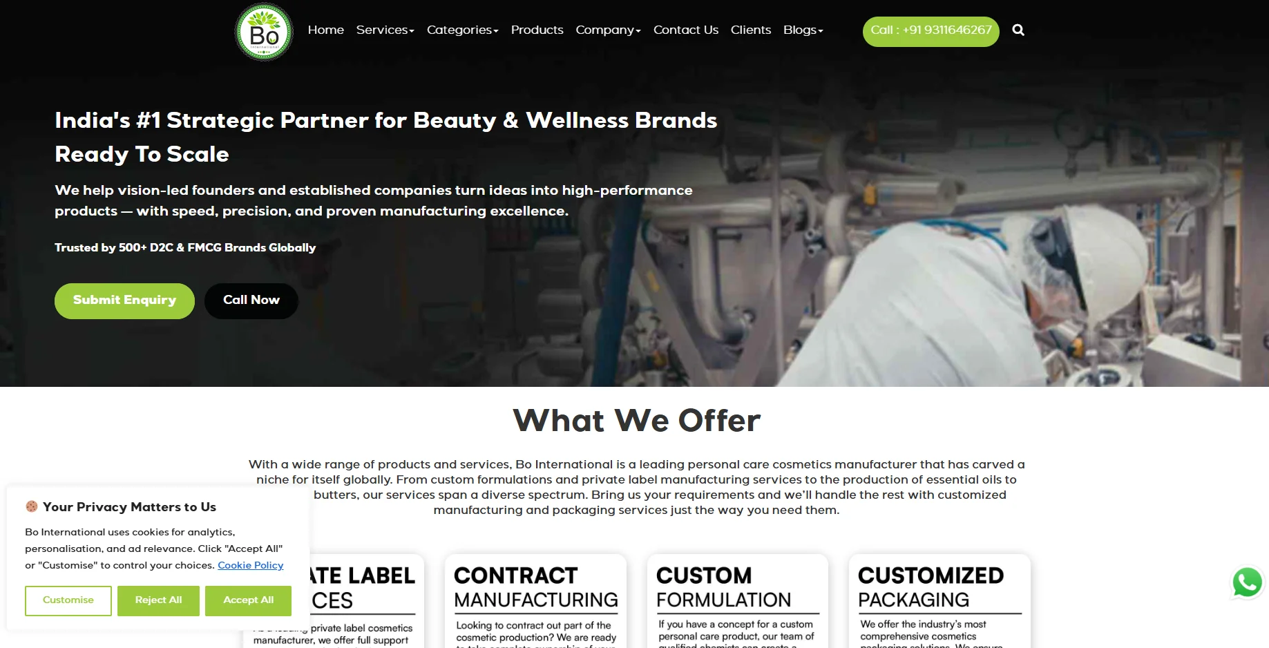 Website screenshot highlighting India's strategic partner for beauty and wellness brands with contact details and services offered.